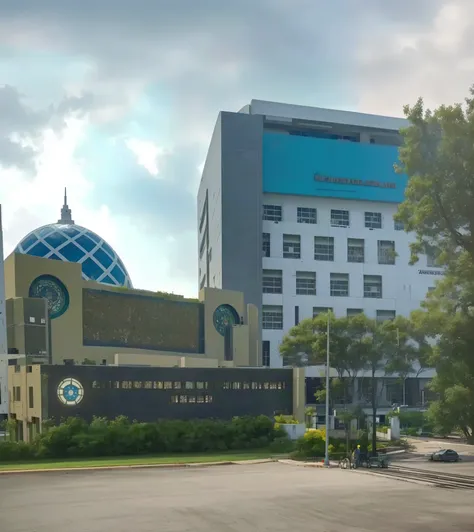 there is a large building with a dome on top of it, hospital in background, research complex, research center, full - view, hospital, medical complex, historical image, arsitektur nusantara, modern technology building, h. kyoht luterman, frontview, centre ...