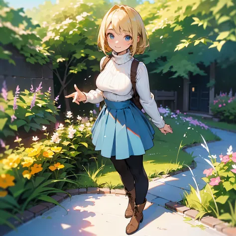 (high quality, High resolution, Very detailed, reality:1.37), Peaceful atmosphere, (Outdoor, garden), Teenage girl standing alone, (my breasts are big.), Beautiful details, Cute Smile, (Blonde Bob Hair), Ribbed sweater, Blue Skirt, Black tights, Brown boot...