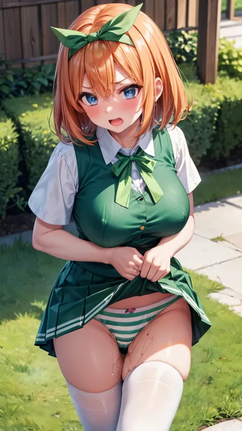 best quality,1girl,((big breasts:1.1)),orgasm,blush,angry,sweat,steam,yotsuba nakano, bangs, short hair, blue eyes, hair between eyes, hair ribbon, hairband, orange hair, (green ribbon:1.5),((school uniform, white shirt, green skirt, mini skirt, lift skirt...