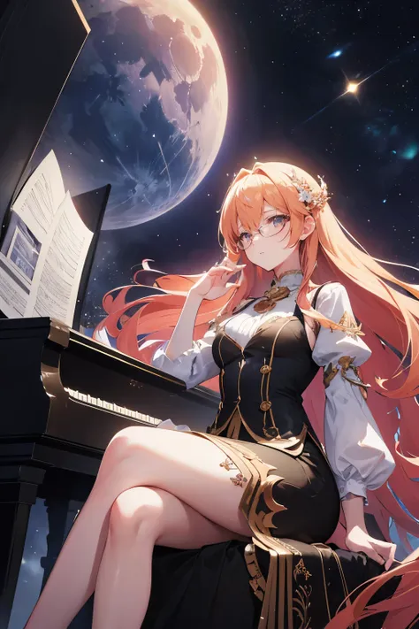 a beautiful bespectacled woman with long golden hair, wearing a dress, sits at a grand piano in the middle of a serene space lan...