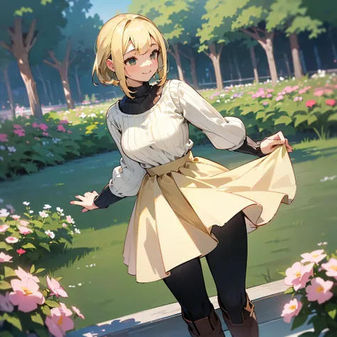 (high quality, High resolution, Very detailed, reality:1.37), Peaceful atmosphere, (Outdoor, garden), Teenage girl standing alone, (my breasts are big.), Beautiful details, Cute Smile, (Blonde Bob Hair), Ribbed sweater, Blue Skirt, Black tights, Brown boot...