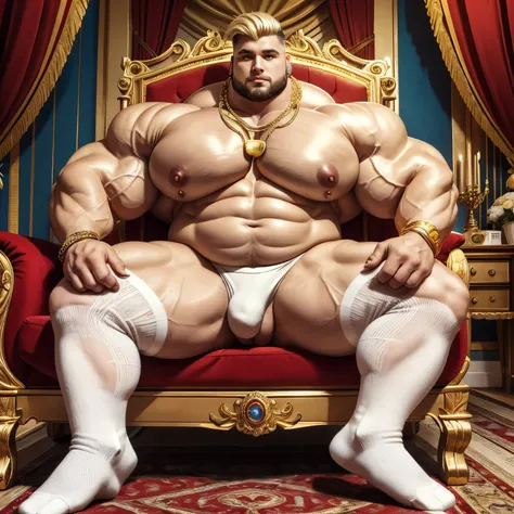 full view full photo of an ex-muscle blond undercut god covered with gold jewelery and piercings, with dozens of golden rings, necklaces, bracelets, He became an obese pierced pig with fat belly and monstruous huge pierced nipples, in white lycra suit and ...