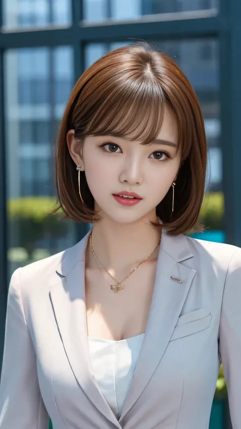 High resolution, Very detailed, Intricate details, 、ear piercing、Expressionless、short hair、Light brown hair、Open your mouth a little、、Clear beauty,(High quality fabric, Office Lady Suits 、Necklace around the neck、, The background is the office