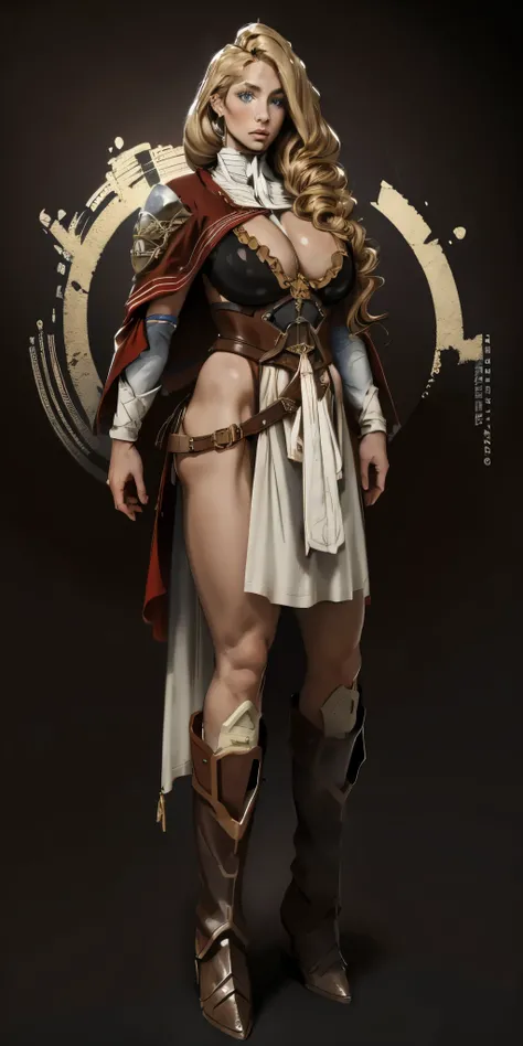 (masterpiece, best quality) (black background) full body standind straight symmetrical, FEMALE warrior princess Mercedez Von Martritz, twin big belt around waist, long curly blonde hair, very white skin, female wearing full body bikini armor with red cape,...