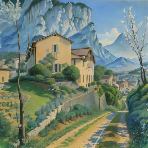 A painting of a house on a hill and the road in front of it, Caesanne風, ポール・Caesanneによる, Caesanneによる, Caesanne, ポール・Caesanneによる, inspired ポール・Caesanneによる, inspired Caesanneによる, inspired ポール・Caesanneによる, By Carlo Carra, Post-Impressionism, in a village, tem...