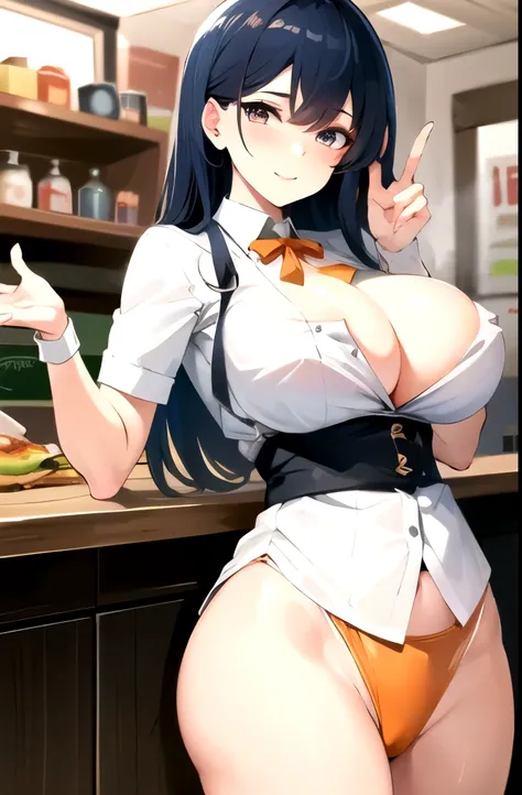 The big-titted waitress girl who serves at the hamburger business, ropa aorangeda, orange