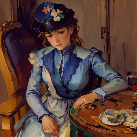 Painting of a woman in a blue dress and hat sitting at a table, ポール・Caesanneによる, ポール・Caesanneによる, woman with hat, Caesanne風, Caesanne, Caesanneによる, Profile portrait, Actress portrait, Character Portraits, Portrait of a nurse sitting on a chair, By Suzanne ...