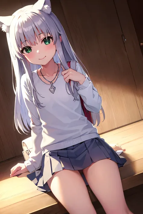 Long silver hair, green eyes, headband, necklace, small, smile, happy, sueter, hood, wolf ears, skirt, beautiful thighs, Inside the house, Randoseru, schoolbag