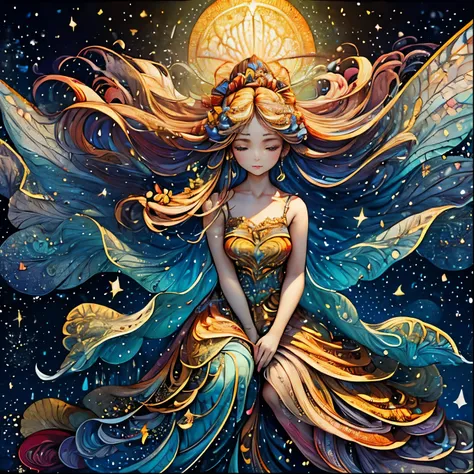 blonde woman wearing a dress sitting at a grand piano in the center of a serene cosmic space, playing the piano with graceful movements against a backdrop of the moon, (best quality,4k,8k,highres,masterpiece:1.2),ultra-detailed,(realistic,photorealistic,ph...