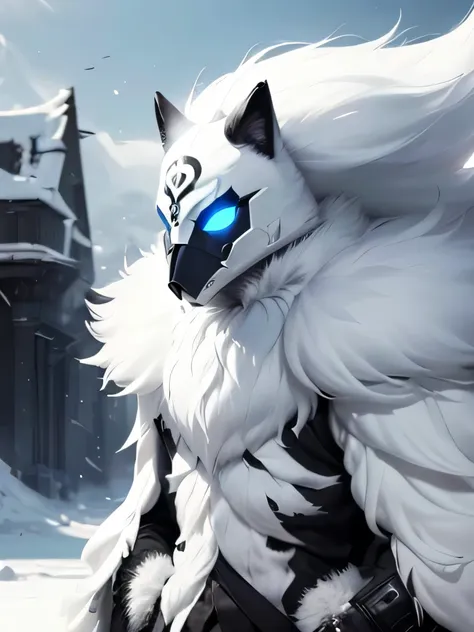 (Completely black and white fur), standing, Black mask, blue eyes, ((fur jacket with cool black and white design)), powerfull angry eyes, strong