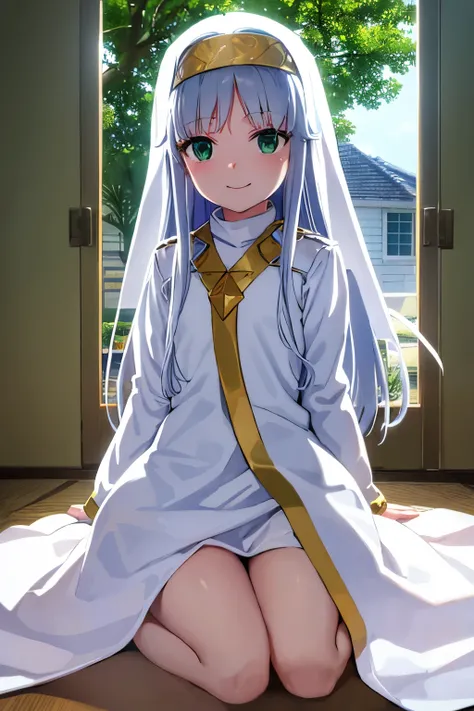 Long silver hair, green eyes, small, headband, nun clothes, white clothes, tail, smile, happy, beautiful thighs, inside house