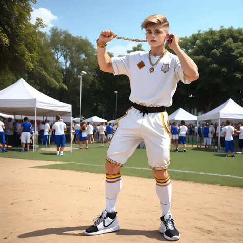 full body view, ar cute young white european scoolboy with light-brown undercut haircut, in fencing clothes, white socks, hype f...