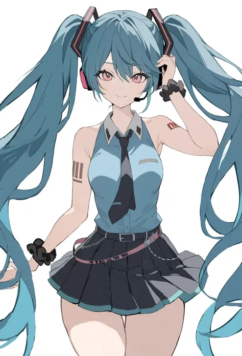 1girl, style:inu totemo, hatsune miku, tell your world (vocaloid), vocaloid, adjusting headset, bare shoulders, belt, black neck...