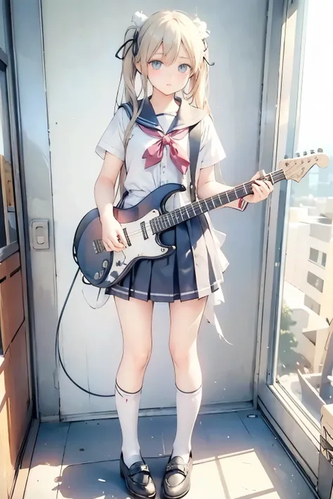 Blonde hair, blue eyes, woman, cute girl, ribbon, animal ears, long hair, schoolgirl sailor suit, long skirt, loafer shoes, two ribbons, two pigtails, school, playing electric guitar.