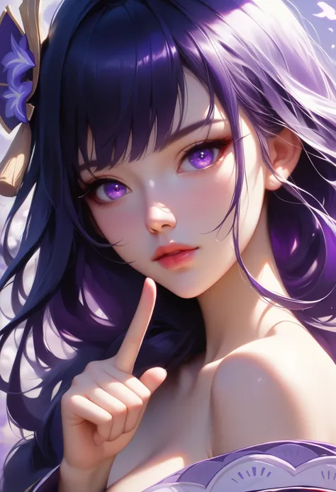 score_9, score_8_superior, score_7_superior,sauce_anime, High-resolution images,masterpiece,Highest quality,girl,Cute Face,Beautiful Skin,_Shogun_Genshin Impact, Purple long hair,One finger raised to his lips