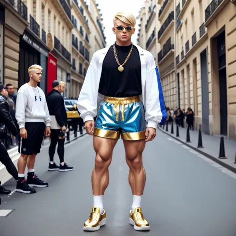 full body view, extremely fag fashion boy with golden shiny platinum blonde undercut haircut, in hyper-hype fashion outfit, long...