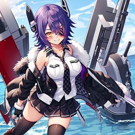 best quality, masterpiece, solo, {tenryuu_kantaicollection:1.15}, teen_girl, eyepatch, short_hair, purple_hair, yellow_eyes, headgear, breasts, necktie, large_breasts, smile, 1girl, blush, checkered_necktie, hair_over_one_eye, shirt, collared_shirt, white_...