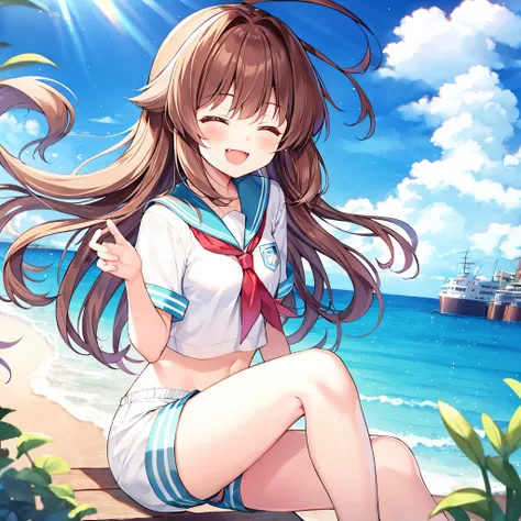 1young_teen_ girl, brown_hair, long_hair, sailor_uniform,white_ baggy_shorts, short_sleeve, thighs, small_breasts, big_smile, open_mouth, fang, harbor_landscape_background, slightly_spread_legs, happiness, covered_crotch,ahoge,XD,exciting_posing,closed_ey...