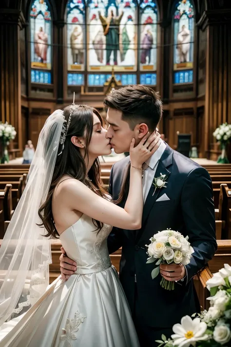 Make a man and a woman marry. The man and woman must be wearing beautiful wedding attire inside a Christian church decorated with many flowers.. The two must be kissing The image must have ultra-realistic focus 8k fullhd quality
