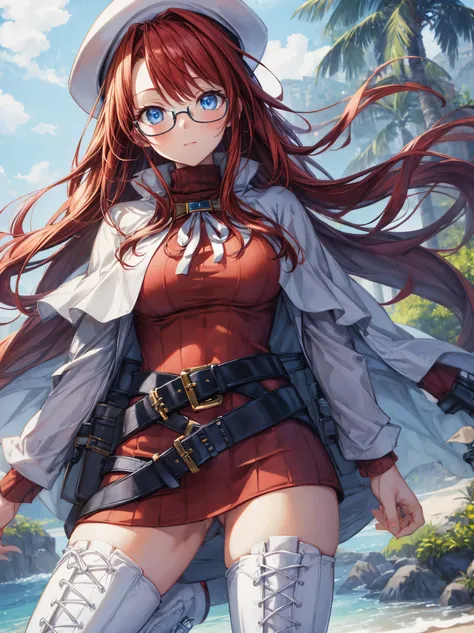 summonnightaty, aty, (young:1.3),long hair, blue eyes, red hair, big_tits, hat, glasses,
BREAK long hair, thighhighs, hat, dress, naked_legs, glasses, belt, cape, sweater, zettai ryouiki, beret, thigh boots, white footwear, ribbed sweater, loose belt,solo,...