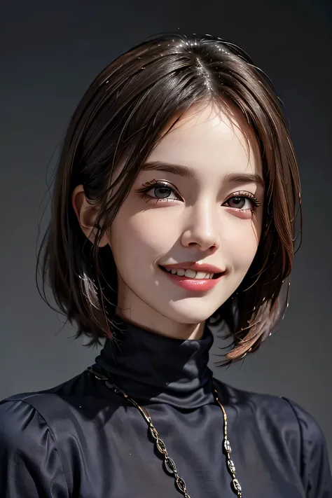 ((masterpiece)), ((Highest quality)), ((Complex)), ((Surreal)), (Realistic), (Mature Woman), ((No classes)), Very detailed, (1 female), Beautiful and exquisite, (Beautiful Teeth), Grin, Brunette bob hair, Brown eyes, ((Blue turtleneck)), (Upper Body), (bac...
