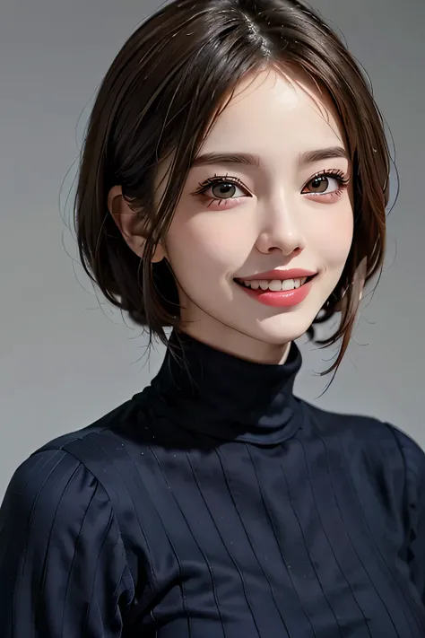 ((masterpiece)), ((Highest quality)), ((Complex)), ((Surreal)), (Realistic), (Mature Woman), ((No classes)), Very detailed, (1 female), Beautiful and exquisite, (Beautiful Teeth), Grin, Brunette bob hair, Brown eyes, ((Blue turtleneck)), (Upper Body), (bac...