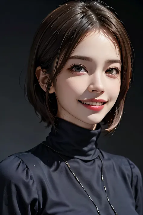 ((masterpiece)), ((Highest quality)), ((Complex)), ((Surreal)), (Realistic), (Mature Woman), ((No classes)), Very detailed, (1 female), Beautiful and exquisite, (Beautiful Teeth), Grin, Brunette bob hair, Brown eyes, ((Blue turtleneck)), (Upper Body), (bac...