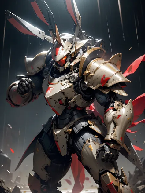 mecha, rabbit, huge hand robot, black armor, red armor, yellow armor, male strong rabbit mecha, realistic background, bloody rain, blood armor, blood spike, rabbit armor, big mecha, big armor, heavy layer armor, huge arm, huge body, huge legs, heavy layer ...