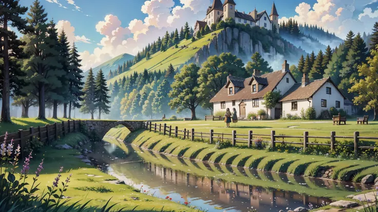 A remote, medieval village nestled in a fantasy landscape, perfect for a setting inspired by Celtic music. The village consists of several quaint cottages with thatched roofs, surrounded by lush green fields and dense forests. In the foreground, a young vi...