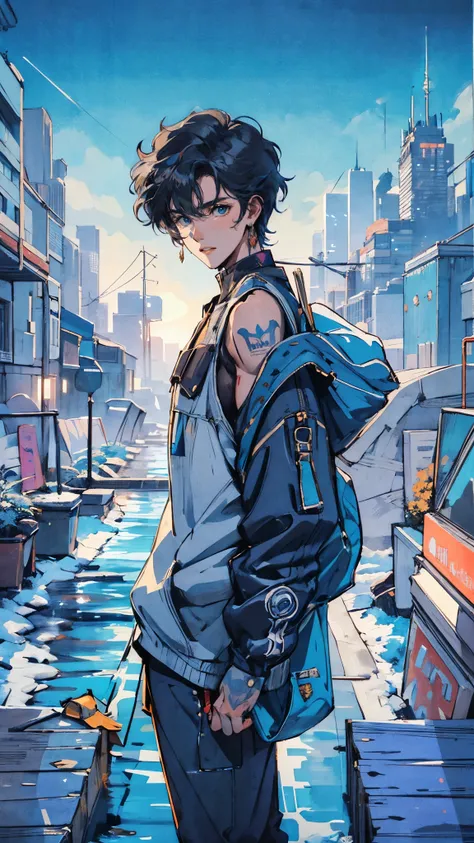 (high quality), (masterpiece), (detailed), 8K, (Teenage boy with dark blue hair1.3) stands in center of (sprawling cyberpunk metropolis1.3), surrounded by (towering neon-lit skyscrapers1.2). Background features (tranquil rooftop garden1.3) high above city,...