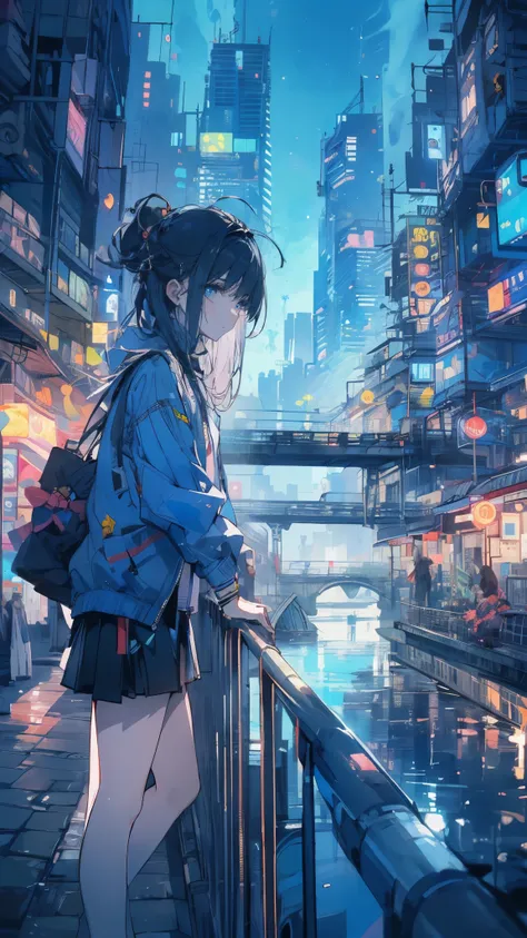 (high quality), (masterpiece), (detailed), 8K, (Bustling cyberpunk metropolis1.3), (teenage girl with dark blue hair1.3) stands peacefully at (neon-lit bridge1.3) overlooking quiet river. Soft glow of city lights reflects on water, creating serene and cozy...