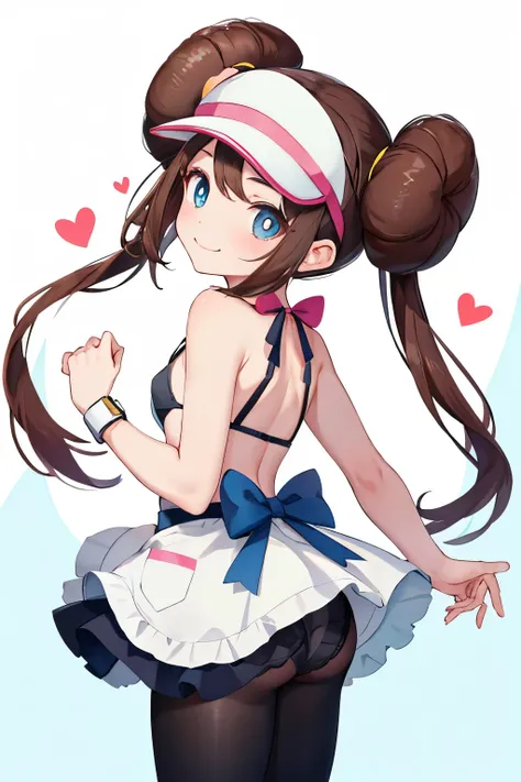 short apron, Micro bra, sofa, (Raise one hand), heart, 14yo, back, smile, Sideboob, Small breasts, masterpiece, highest quality, High resolution, ro1, Hair Bun, Blue eyes, Twin tails, Visor Cap, pantyhose, NUDE, Black Stockings, Ruffled Panties