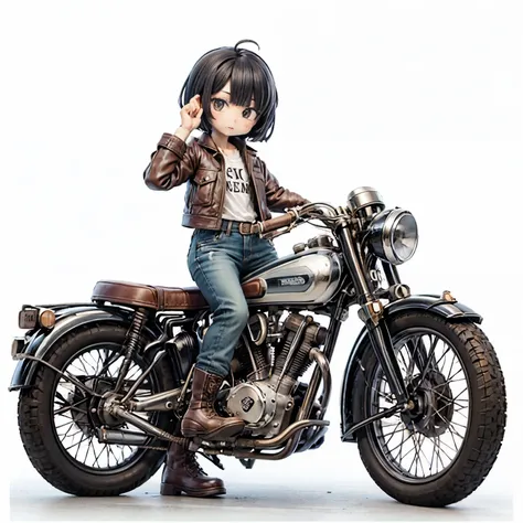 (磁器people形)、(陶磁器people形)、(Ride a classic motorcycle:1.2 )、(Vintage Bikes、Bluff Superior SS100)、美しい若い日本people女性、Beautiful Face, Black Hair, Short Bob Hair, Red classic leather jacket、leather shorts、boots、goggles、Take a photo of the entire bike、(people々々And ...