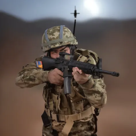 arafed soldier with a gun in his hand and a helmet on, a soldier aiming a gun, airsoft cqb, airsoft gun, shoulder mounted gun, m...