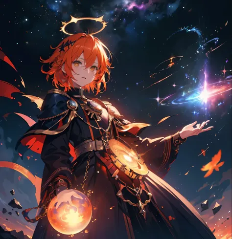 1girl, Fujimaru Ritsuka from Fate/Grand Order, orange hair, golden eyes, in a colorful cosmic nebula background with stars and galaxies, Warhammer 40k inspired, Ritsuka as a demonic prince, intricate details, flawless facial features, metal halo, modest go...