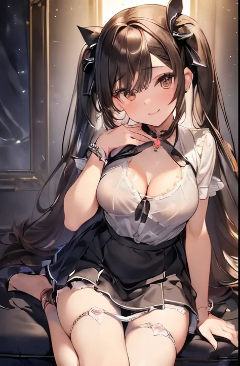 ((((Highest quality, High resolution)))), Extremely detailed 8K, Beautiful girl with slim body, (Ultra HD, Very detailed, Very detailed, Very realistic, Ultra-realistic, Photo Real), (One girl:1.5), Long Hair、Twin tails、Brown eyes, (Medium Breast: 1.2), (B...