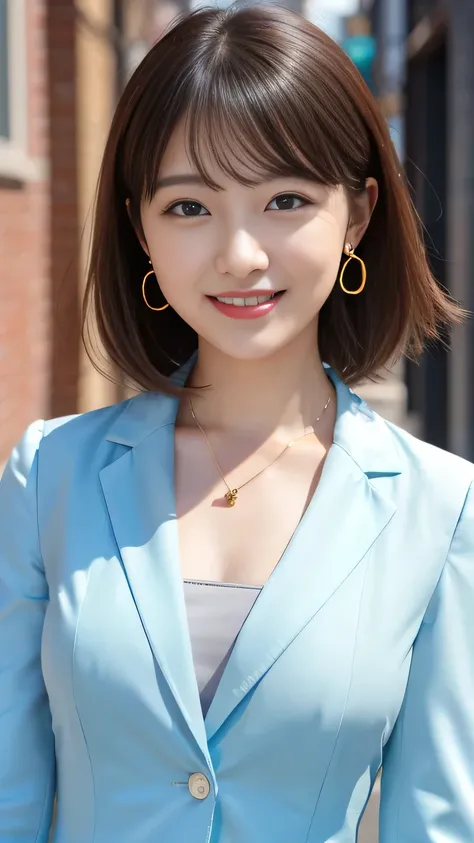 RAW Photos, High resolution, Very detailed, Intricate details, 、ear piercing、smile、short hair、Black Hair、Open your mouth a little、Clear beauty,(High quality fabric, Office Lady Suits 、Necklace around the neck、, The background is the office
