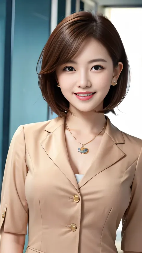 RAW Photos, High resolution, Very detailed, Intricate details, 、ear piercing、smile、short hair、Light brown hair、Open your mouth a little、Clear beauty,(High quality fabric, Office Lady Suits 、Necklace around the neck、, The background is the office
