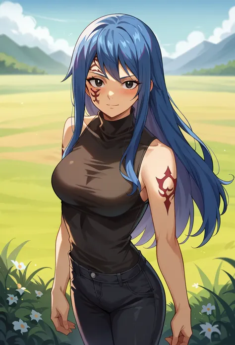 score_9, score_8_up, score_7_up, 1girl, solo, medium breasts, jellal_fernandes, blue hair, black eyes, long hair, tattoo, facial...