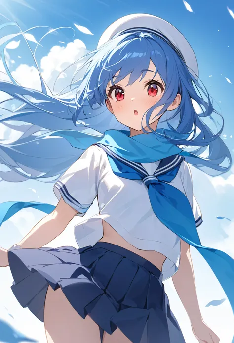 girl、Primary school students、Red Eyes、Blue Hair、Sailor suit、White beret、Ultra mile、1 person、Long Hair、Short、Blue scarf、One of the Primary school students、The wind is blowing and I&#39;m holding my hat down