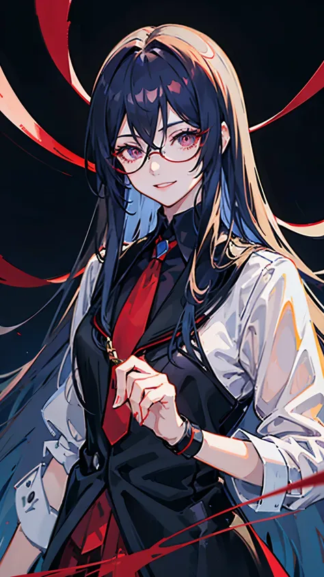 Anime boy, crimson eyes, detailed eyes, long eyelashes, dark blue hair; long flowy hair, shoulder-length hair, red sunglasses with black lenses, soft smile, smiling with teeth, black suit, white collared shirt, black tie, relaxed, gradient background