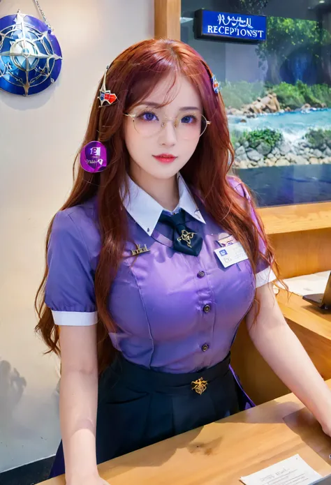 Guild girl, receptionist, ((medieval fantasy)), (another world), , red hair, wavy long hair, purple eyes, glasses, big breasts, receptionist uniform, blue and white uniform, calm atmosphere, reception counter ,analog,