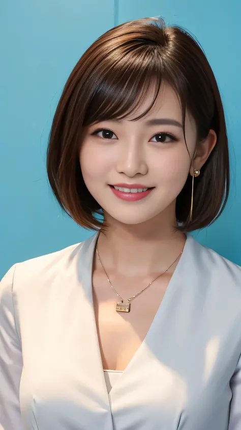 RAW Photos, High resolution, Very detailed, Intricate details, 、ear piercing、smile、short hair、Black Hair、Open your mouth a little、Clear beauty,(High quality fabric, Office Lady Suits 、Necklace around the neck、, The background is the office
