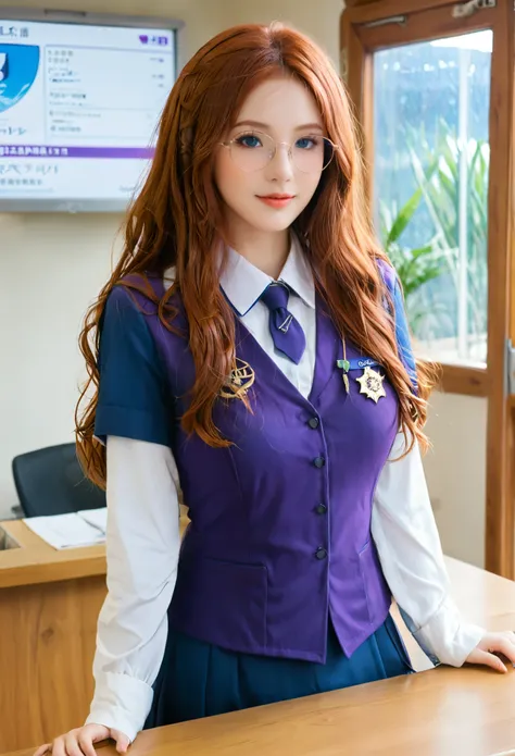 Guild girl, receptionist, ((medieval fantasy)), (another world), , red hair, wavy long hair, purple eyes, glasses, big breasts, receptionist uniform, blue and white uniform, calm atmosphere, reception counter ,analog,