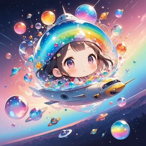 Hayao Miyazaki style, The most beautiful girl of all time, (((chibi))), (((Spaceship))), Cute Aliens, All in one, Tiny nuclei that shine in fantastical rainbow colors,and a completely melted jelly fusion, Very transparent material, High viscosity, Elastici...