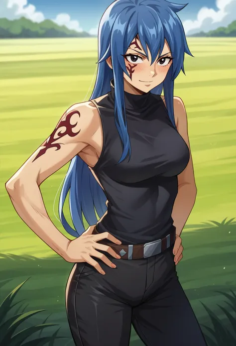 score_9, score_8_up, score_7_up, 1girl, solo, medium breasts, jellal_fernandes, blue hair, black eyes, long hair, tattoo, facial...