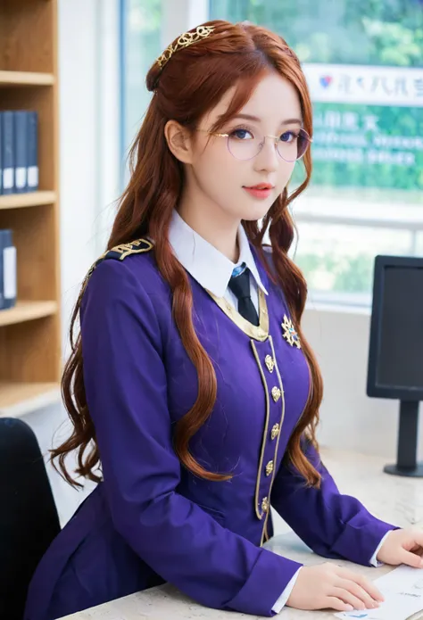 Guild girl, receptionist, ((medieval fantasy)), (another world), , red hair, wavy long hair, purple eyes, glasses, big breasts, receptionist uniform, blue and white uniform, calm atmosphere, reception counter ,analog,