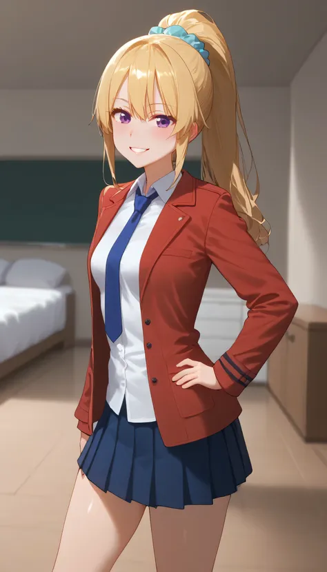 shiny skin, 1girl, KeiKaruizawa, Kei Karuizawa, ponytail hairstyle, parted lips, blue skirt, bangs, hair tie, violet eyes, blush, breasts, red coat, white shirt, small breasts, solo, looking at viewer, blonde hair, blonde hair, red coat, blue tie, blue scr...