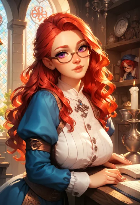 Guild girl, receptionist, ((medieval fantasy)), (another world), , red hair, wavy long hair, purple eyes, glasses, big breasts, receptionist uniform, blue and white uniform, calm atmosphere, reception counter ,analog,