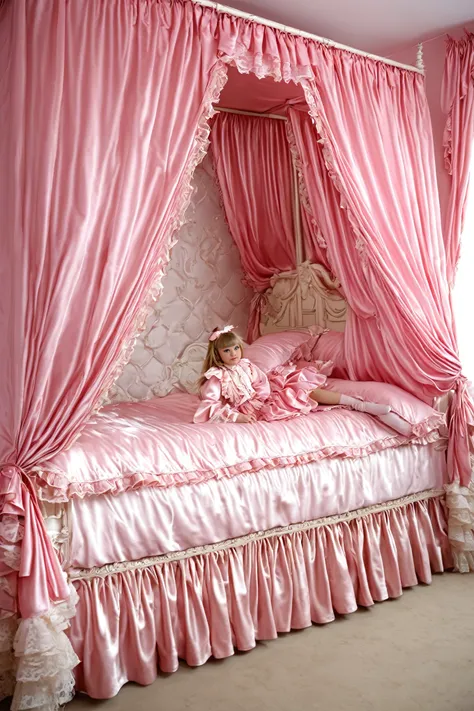 Beautifull 1girl on the bed,early teenage,detailed baby face,small face,a pink silk satin frilled blouse and skirt,medium dress,detailed ribbons,detailed lace petticoat,frilled sleeves,,a bed with a mountain of silk satin pillows,canopy bed,king size bed,m...